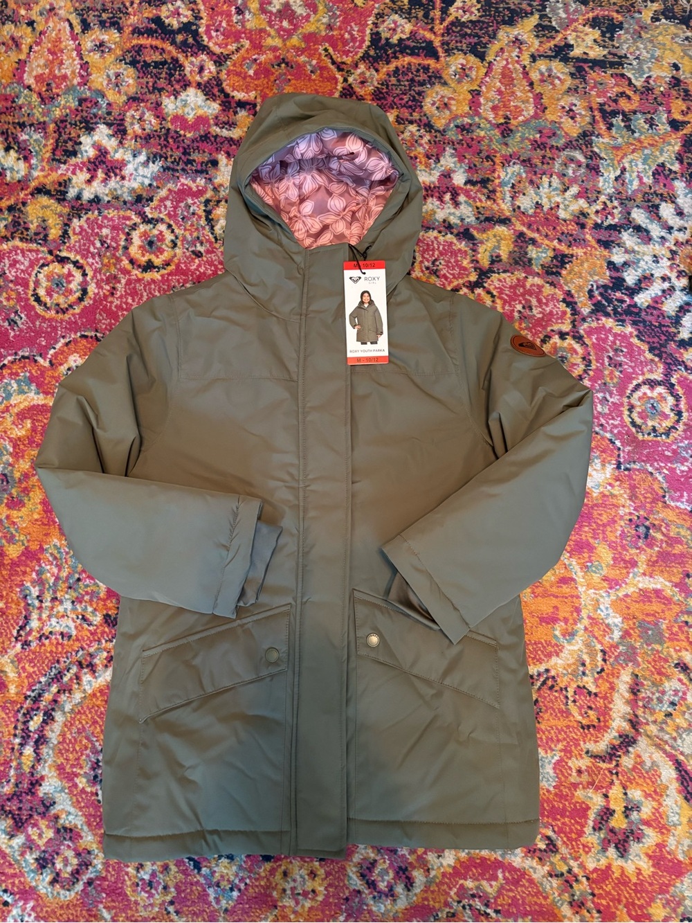 Roxy Olive Green Hooded Puffer Coat with Pink Patterned Lining